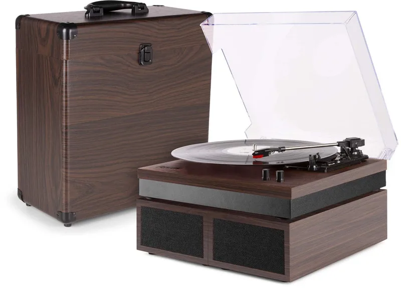 Retro platenspeler met platenkoffer RP165D van Fenton in Donkerbruin – productfoto