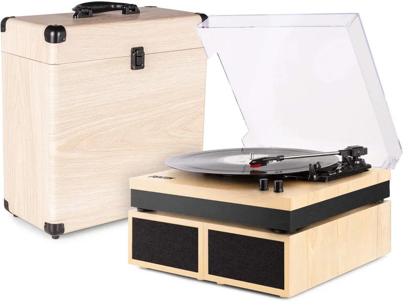 Retro platenspeler met platenkoffer RP165D van Fenton in Hout (Lightwood) – productfoto