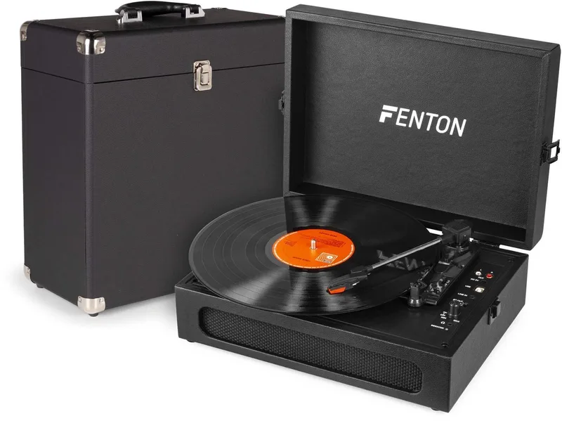 Retro platenspeler met platenkoffer RP118B van Fenton in Zwart – productfoto