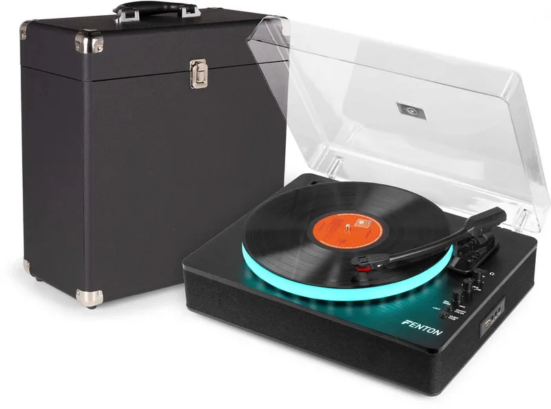 Retro platenspeler met platenkoffer RP162LED van Fenton in Zwart – productfoto