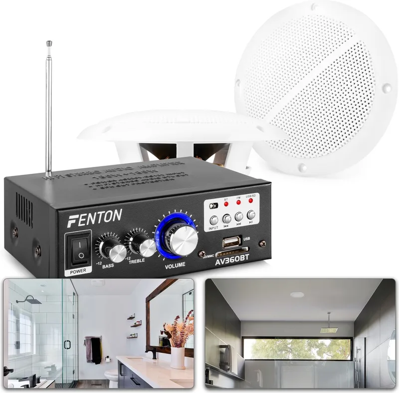 SkyTronic badkamer speakerset 5 incl. versterker en 10 meter luidsprekerkabel by Fenton in White – product photo