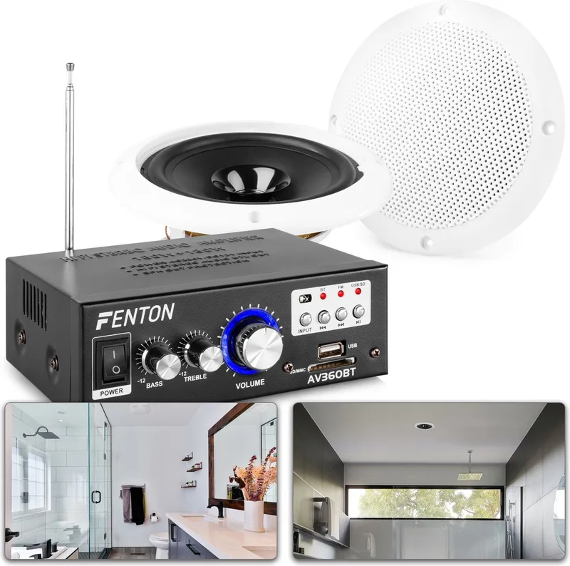 SkyTronic BS06 Badkamer speakerset 6.5 met versterker en 10 meter speakerkabel by Fenton in White – product photo