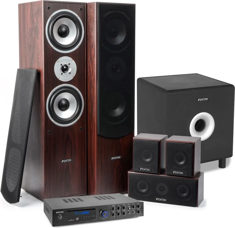 AV550BT 5.1 versterker met walnoot speakers en actieve subwoofer by Fenton in Walnoot – product photo