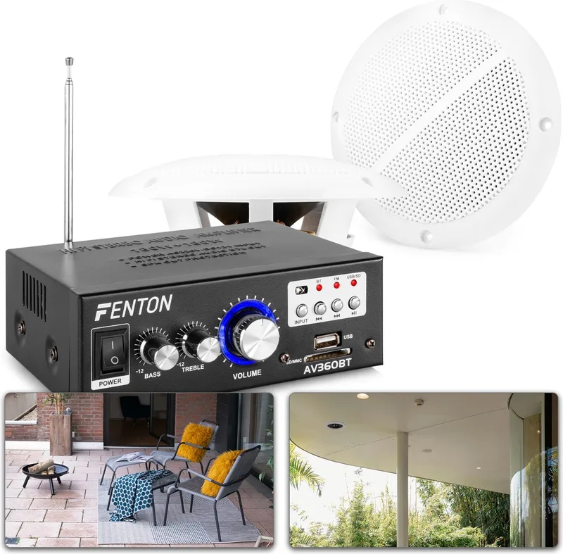 Weerbestendige 5 speakerset + versterker en kabel voor muziek op terras of veranda van Fenton in Wit – productfoto