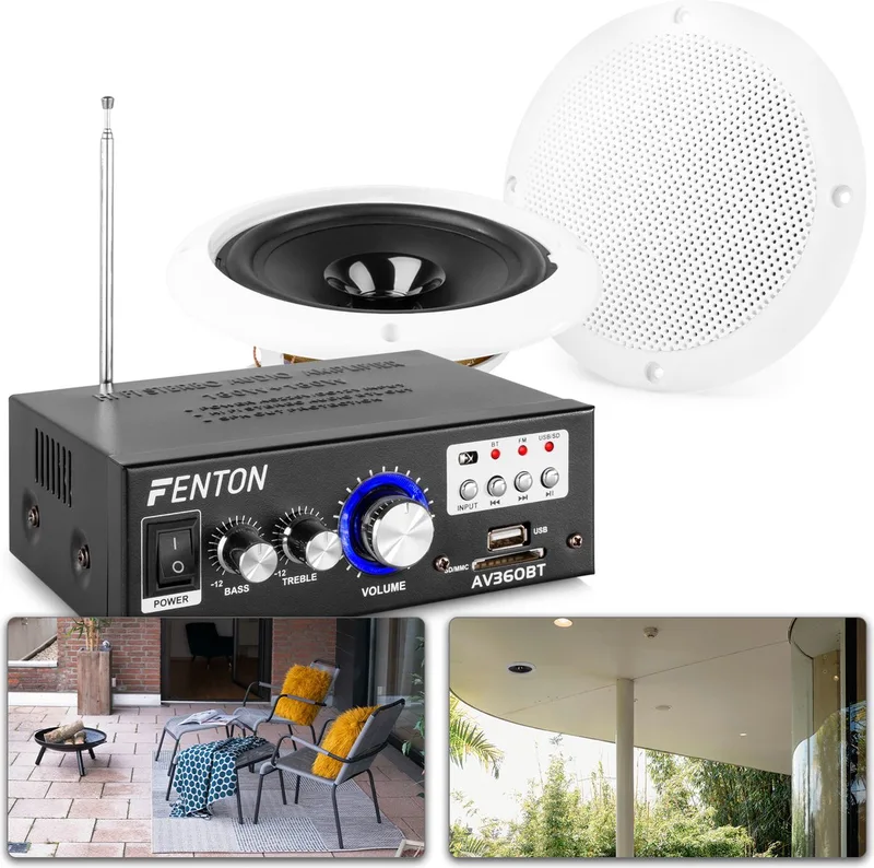 Weerbestendige 6.5 speakerset + versterker en kabel voor muziek op terras of veranda van Fenton in Wit – productfoto