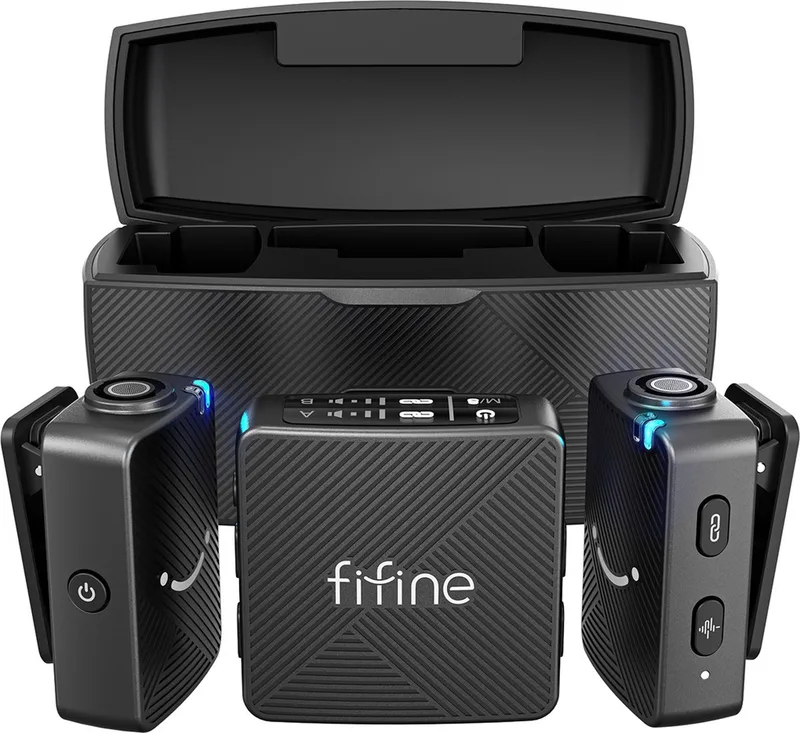 Dasspeld Microfoon - Lavalier - Draadloos Systeem Lavalier - 2 Stuks - USB-C - Telefoon / Tablet / PC -Met Opbergcase van Fifine in M9 – productfoto