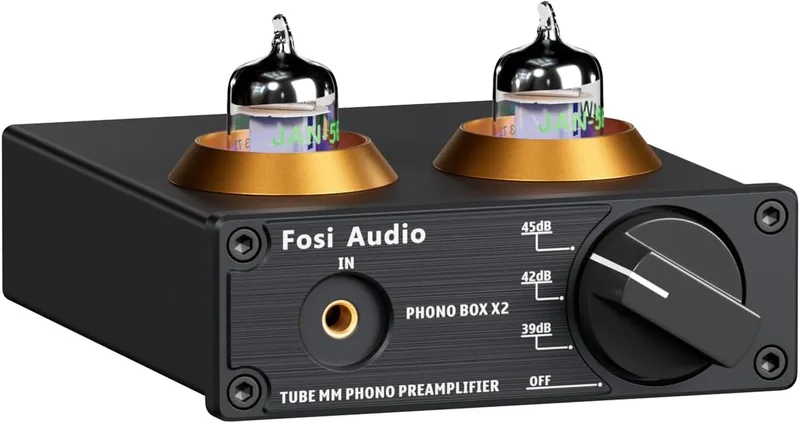 BOX X2 HiFi Buis Phono Voorversterker voor MM Draaitafel met Multifunctionele Knop, Gain Verstelbaar - 3.5mm AUX Ingang en RCA Lijnuitgang van Fosi Audio in Zwart – productfoto