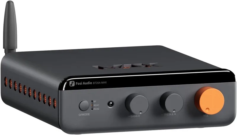 BT20A MAX 48V Bluetooth Versterker – 2x300W – HiFi Klasse D – Bluetooth 5.0 – Inclusief 48V Voeding van Fosi Audio in Zwart – productfoto