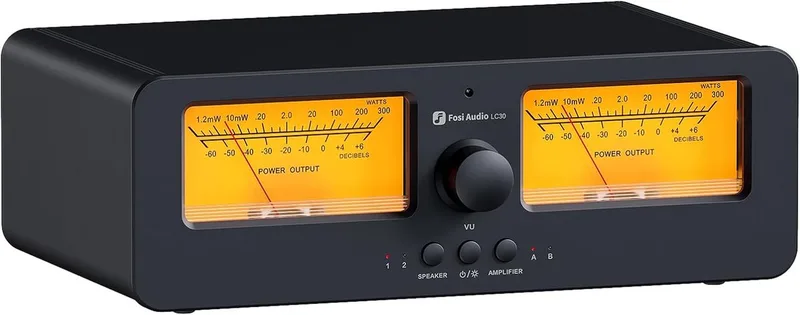 LC30 VU Meter Versterker Luidspreker Selector Box, 2-Weg Analoge Audio Schakelaar - voor Stereo HiFi Versterkers en Passieve Luidsprekers, - Geel van Fosi Audio in Zwart – productfoto