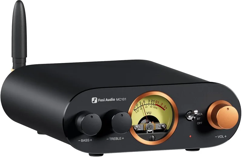 MC101 – Bluetooth Stereo Versterker met VU-meter – 2×100W – RCA – Bas & Treble regeling – Aluminium van Fosi Audio in Zwart – productfoto