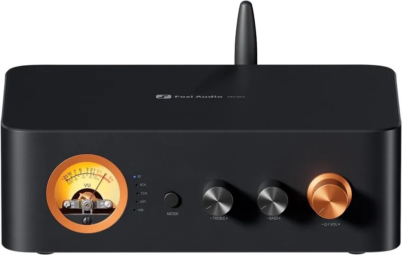 MC351 2.1 Kanaals Versterker met DAC - Vintage VU Meter - Ontvanger met Bluetooth en USB/OPT/COAX van Fosi Audio in Zwart – productfoto