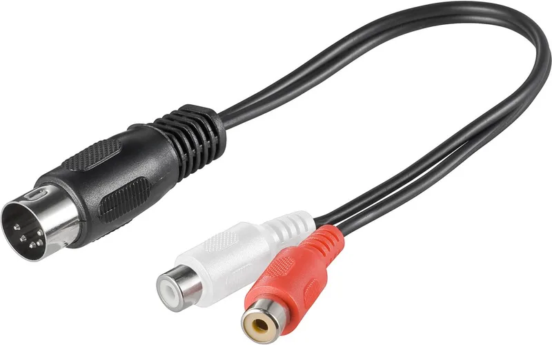 Audiokabel DIN 5-pins 180° naar 2 cinch-bussen, RCA-adapter voor bandrecorders en platenspelers, kleurgecodeerde metalen connectoren van Goobay in Zwart – productfoto