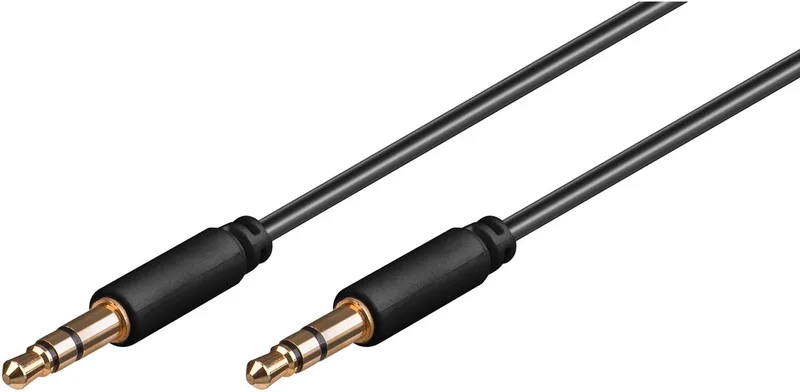 AUX-kabel 2 m, 2x 3,5 mm stereo jackpluggen slank en verguld, koperen geleider, extra lang voor grotere afstanden van Goobay in Zwart – productfoto