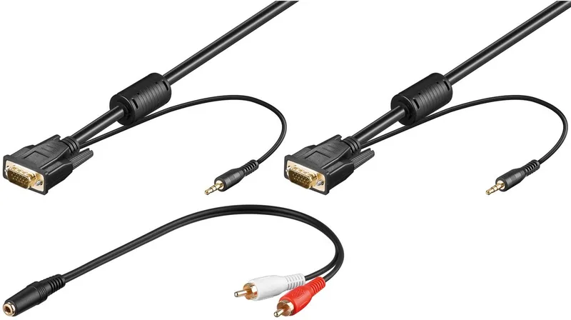 Full HD SVGA-monitorkabel met audiolijn, 3 m, met 2x 3,5 mm audiokabel (stereo) van Goobay in Zwart – productfoto
