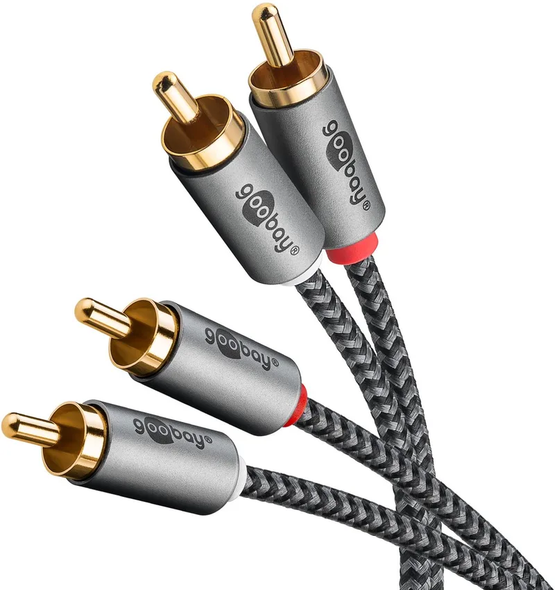 Goobay 5 m stereo-tulpkabel, 2 tulpstekkers naar 2 tulpstekkers, zwart-zilver, textielmantel, koper en vergulde contacten von Goobay in Schwarz – Produktfoto