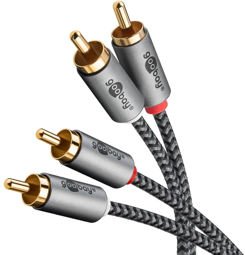 stereo tulpkabel 2 m, 2x cinch-stekker naar 2x cinch-stekker (audio L/R), voor versterker, receiver en subwoofer by Goobay in Black – product photo