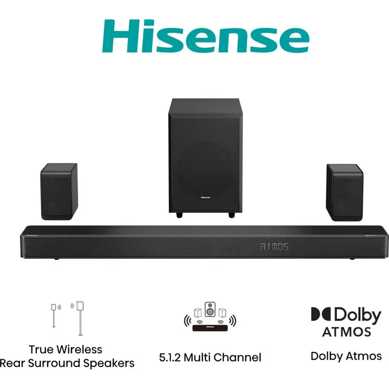 AX512H 5.1.2-Kanal Dolby Atmos Soundbar mit kabellosem Subwoofer, 500 W, Bluetooth 5.3, HDMI-Passthrough, DTS:X von Hisense – Produktfoto