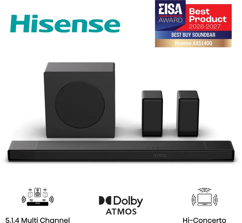 AX5140Q – Soundbar met draadloze subwoofer en draadloze surround speakers - 5.1.4 kanalen – 600W – Dolby Atmos van Hisense in Zwart – productfoto