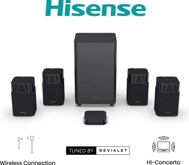 HT Saturn – Soundbar met draadloze subwoofer en draadloze surround speakers - 4.1.2 kanalen – 720W – Dolby Atmos van Hisense in Zwart – productfoto