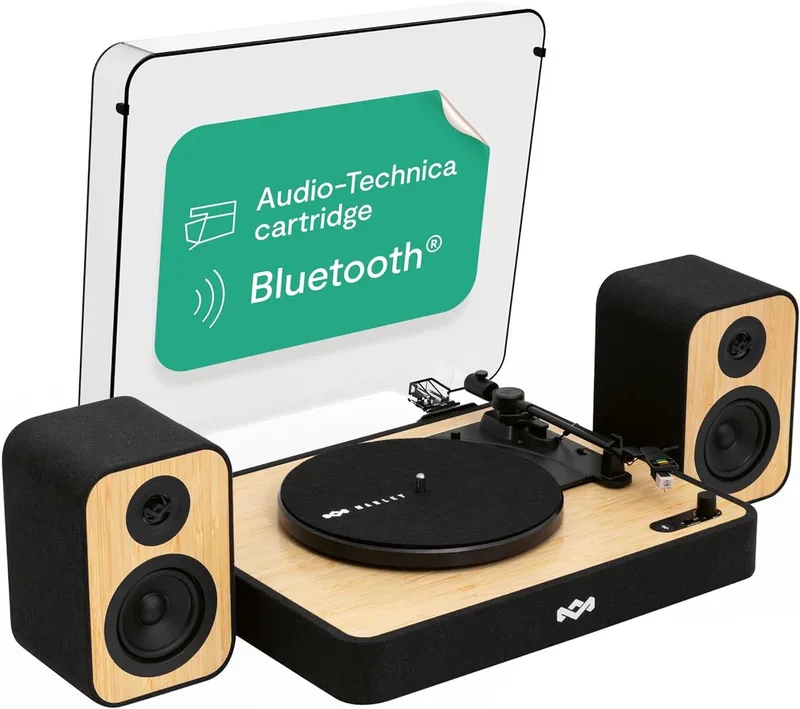 Revolution Bluetooth Platenspeler met Passieve Boekenplank Speakers - LP Speler - Auto-stop - Ingebouwde Stofkap - Audio Technica Element - Vinyl - Gemaakt van Duurzame Materialen - Hout van House of Marley in Bundel met speakers – productfoto