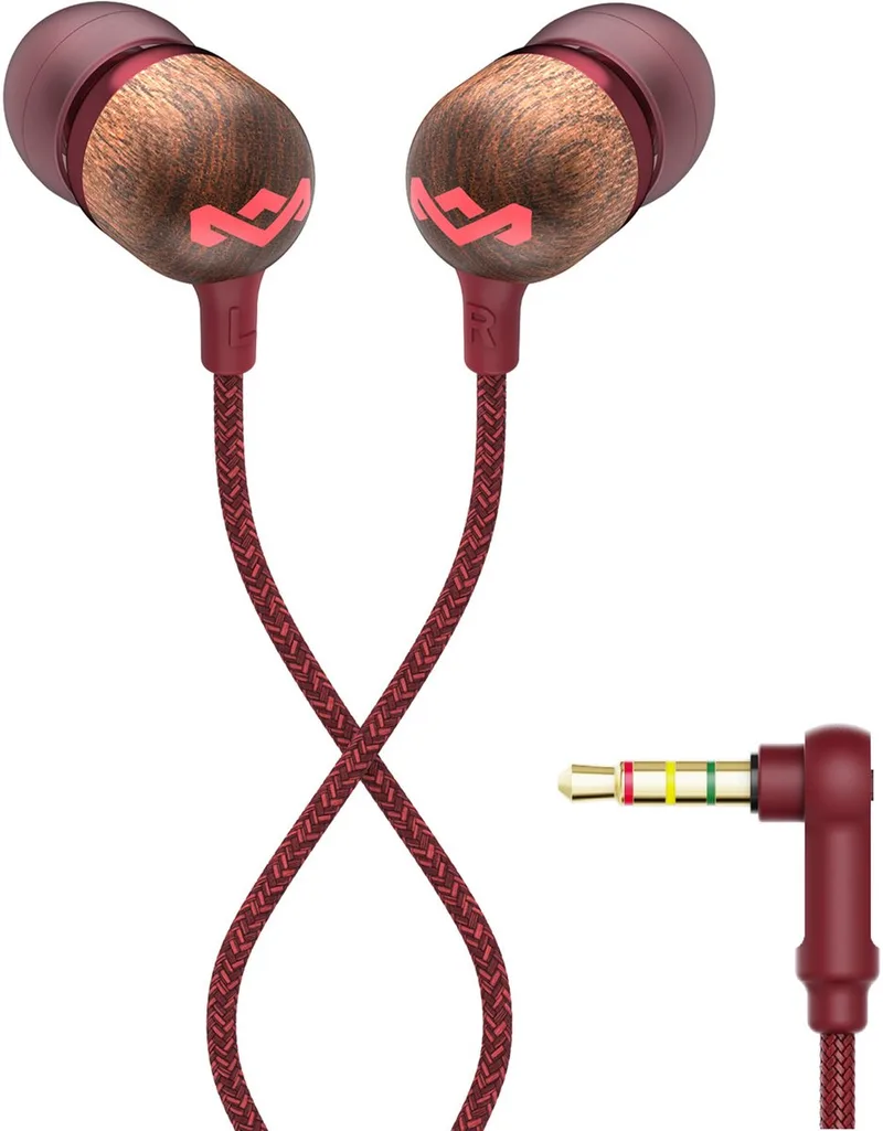 Smile Jamaica Oortjes met Draad - Bedrade Oordopjes 3,5 mm Aansluiting - Met Microfoon en 1knopsbediening - Eco Friendly Design - 9 mm Drivers - Knoopvrije Kabel by House of Marley in Red – product photo