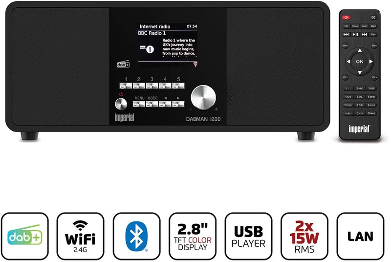 DABMAN i200 V2 - DAB+ / FM Radio - Internetradio - WiFi - Bluetooth van Imperial in Zwart – productfoto