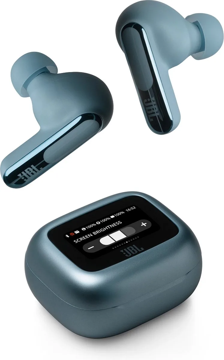 Live Beam 3 - Draadloze Noise Cancelling Oordopjes - Oortjes Draadloos - Bluetooth - Stick Design - Smart Charging Case met Display - 48 uur batterij van JBL in Blauw – productfoto