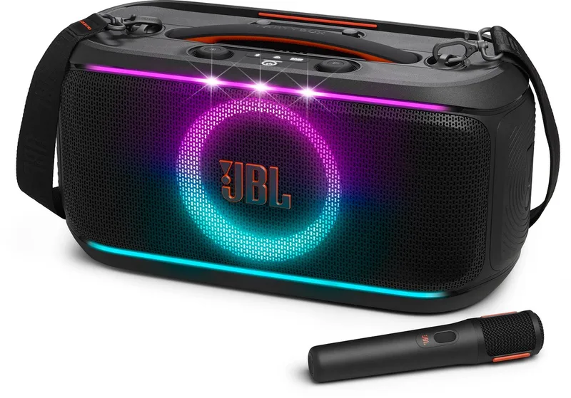 PartyBox On The Go 2 – Draagbare Bluetooth Speaker - Met Draadloze Microfoon - Handige Schouderriem - LED verlichting - Spatwaterdicht by JBL in Black – product photo