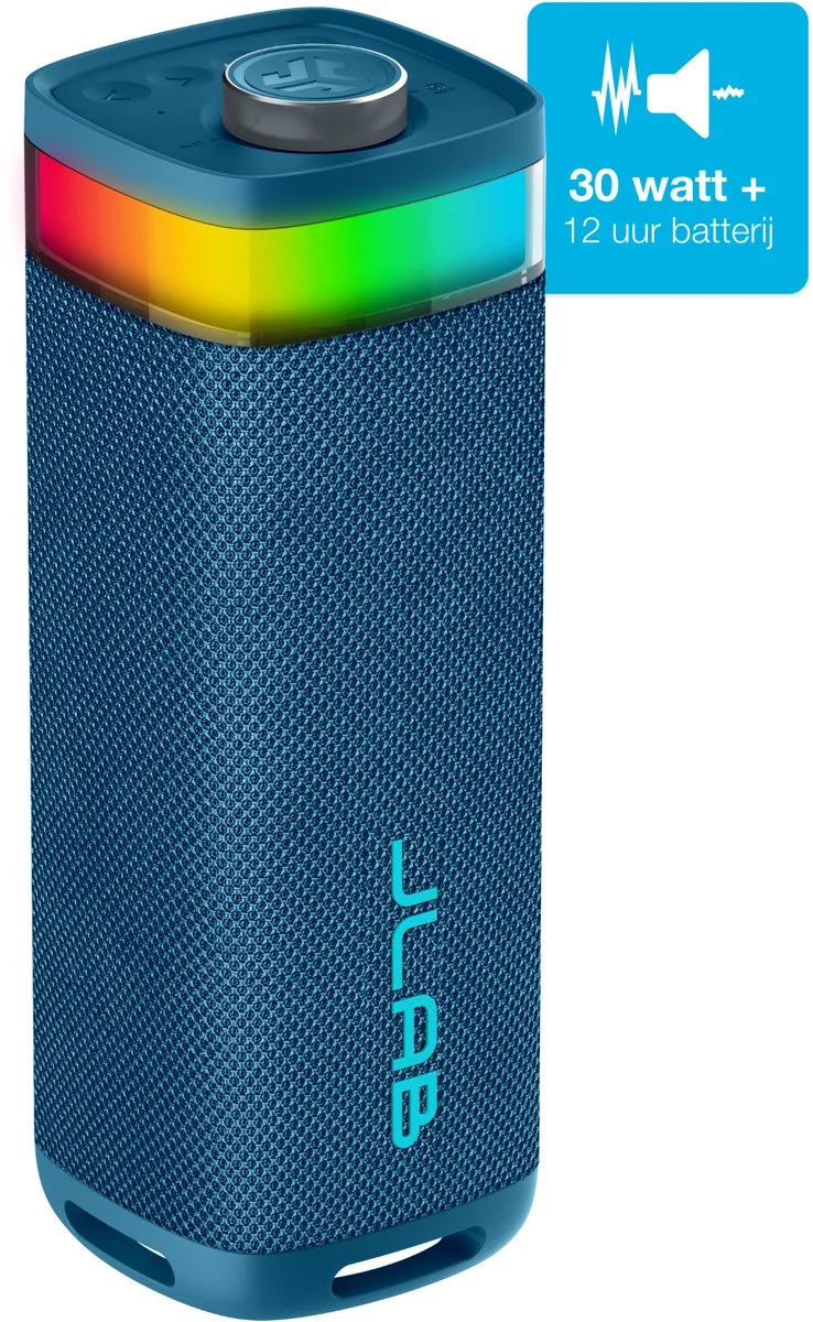 Jbuds Bluetooth Speaker Draadloos - Draagbare Muziekbox - 12 uur Batterijduur - 30 Watt - Bass Boost - IPX6 Waterproof - Multipairing - Instelbare Party Lights - App Equalizer van JLab in Blauw – productfoto