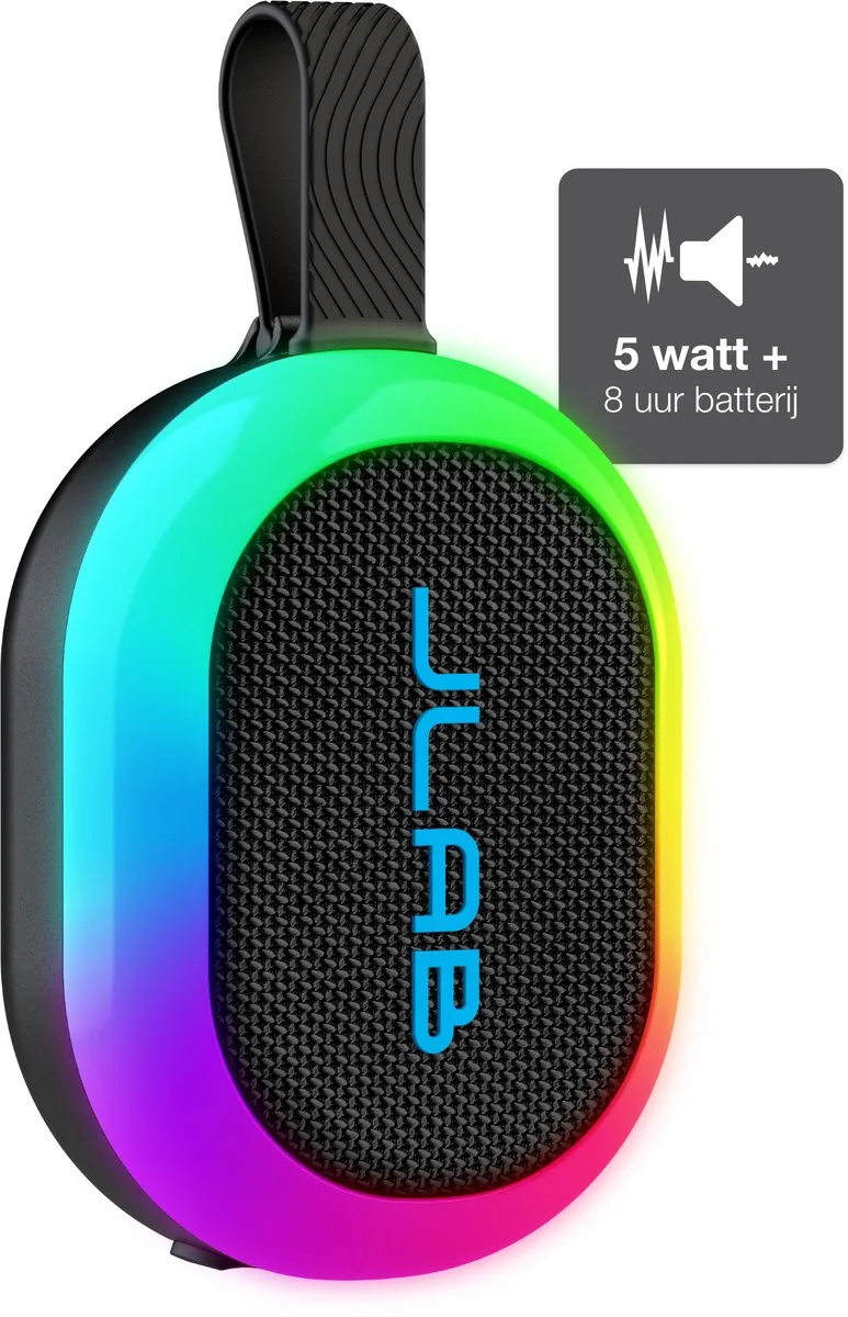 Pop Mini Bluetooth Speaker Draadloos - Draagbare Muziekbox - 8 uur Batterijduur - 5 Watt - IPX6 Waterproof - Multipairing - Instelbare Party Lights - App Equalizer van JLab in Zwart – productfoto