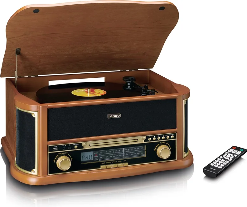 Classic Phono Retro Platenspeler - Bluetooth - Auto-stop -Radio CD en Cassettespeler - TCD-2551WD - Hout van Lenco in Hout – FM Radio – productfoto
