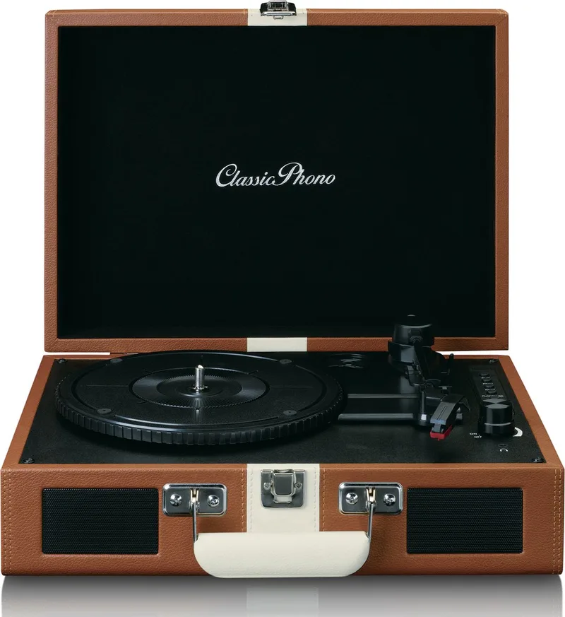 Classic Phono Retro Platenspeler - Vinyl Koffer met Bluetooth en ingebouwde Speakers - Auto-stop - TT-120BNWH - Bruin van Lenco in Bruin-Wit – productfoto