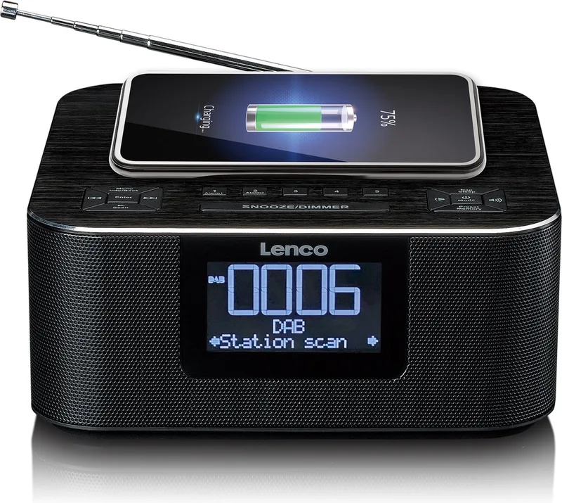CR-650BK - Wekkerradio met DAB/FM - Bluetooth - Draadloos opladen van Lenco in Zwart – productfoto
