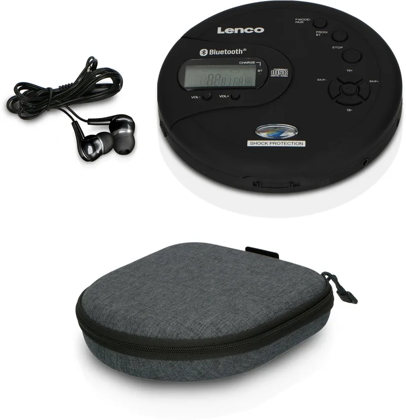 Discman Bundel - CD-300BK + PBC-50GY - Draagbare Bluetooth CD-MP3 Speler met ingebouwde Powerbank case van Lenco in Zwart + Powerbank Case – productfoto