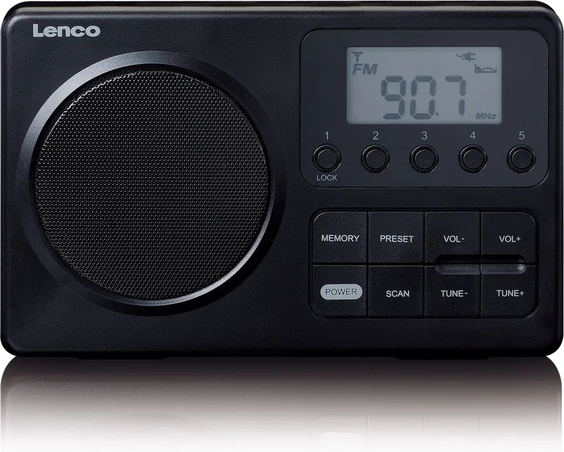 MPR-035BK Draagbare Radio op Batterijen en Netstroom - Compacte FM Radio met LCD-scherm, 20 Voorkeurzenders en Noodradio Functie van Lenco in Zwart – productfoto