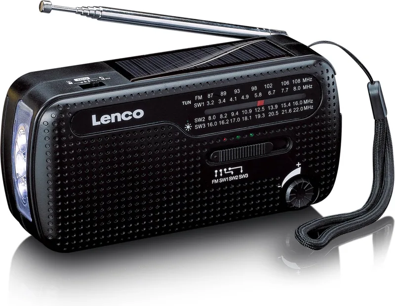 Noodradio - Draagbare opwindbare Radio - Radio op batterijen - Powerbank - Zaklamp - Noodpakket - MCR-113BK van Lenco in Zwart – productfoto
