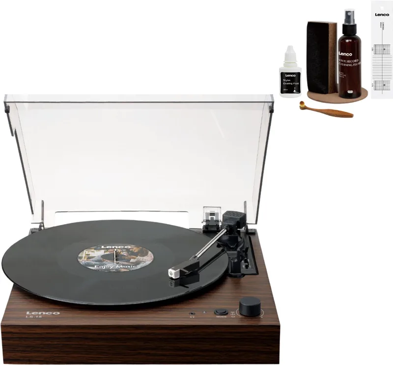 Platenspeler Bundel - LS-15WD + TTA-6IN1 - Platenspeler met Bluetooth - 6-delige LP Schoonmaakset van Lenco in Hout met Cleaning Kit – productfoto