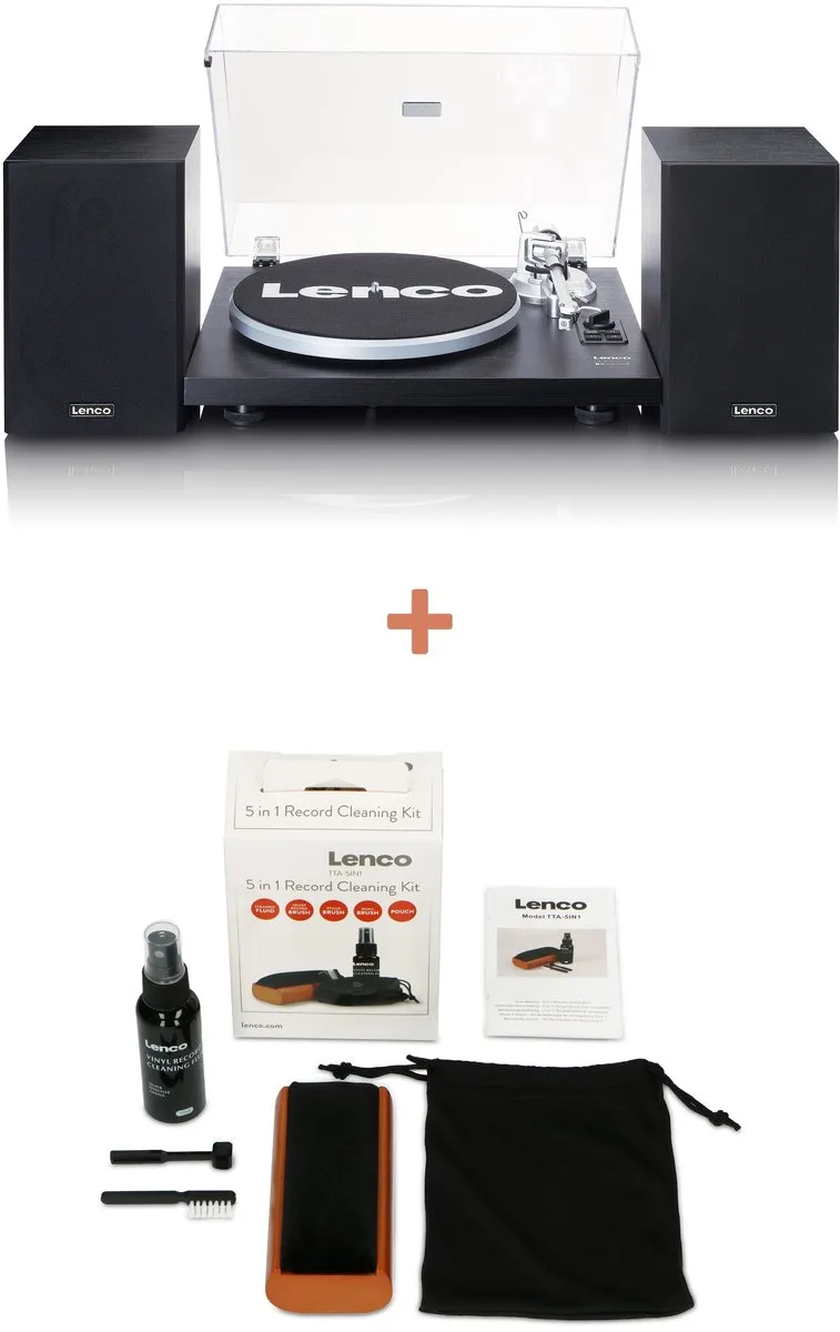 Platenspeler Bundel LS-500BK + TTA-5IN1 - Platenspeler met Bluetooth en externe Speakers + Cleaning Kit van Lenco in Zwart + Cleaning Kit – productfoto