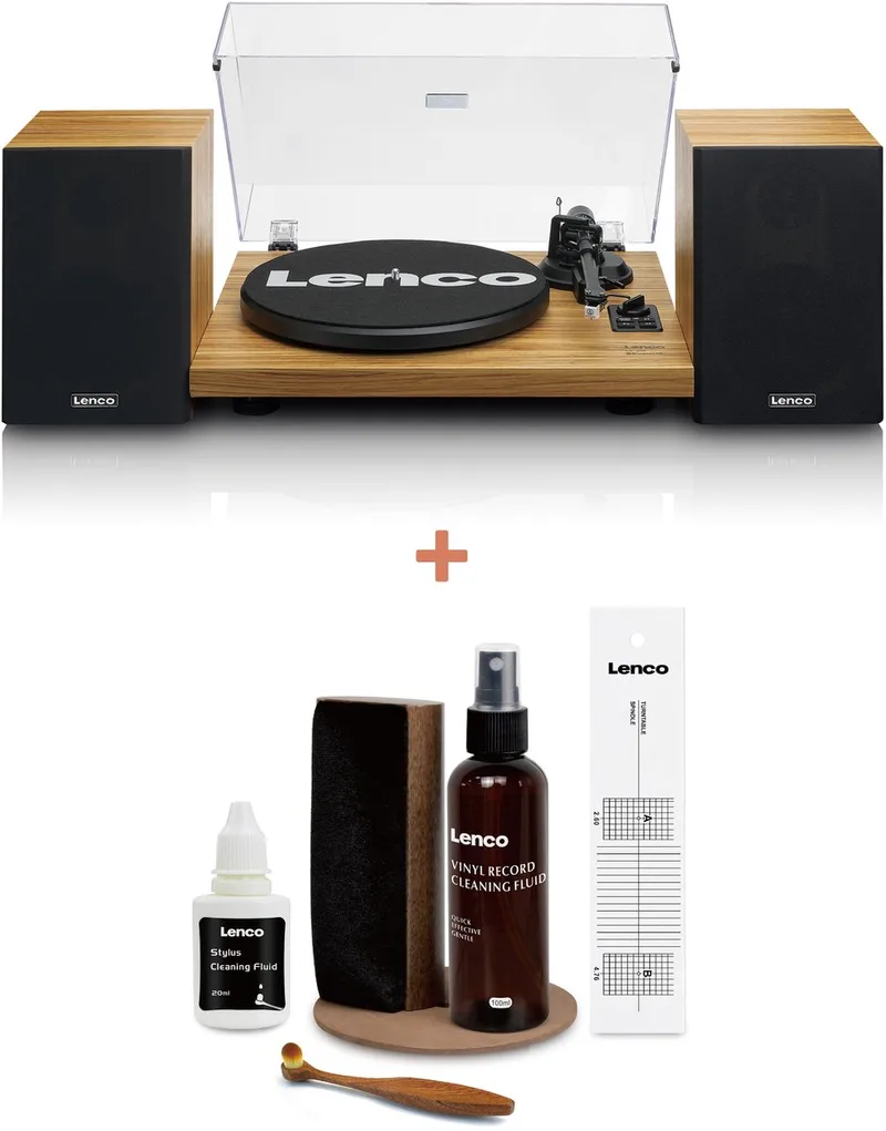Platenspeler Bundel LS-500OK + TTA-6IN1 - Platenspeler met Bluetooth en externe Speakers + Cleaning Kit van Lenco in Walnoot + Cleaning Kit – productfoto