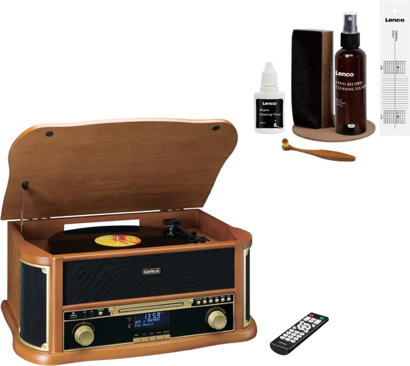 Retro Platenspeler Bundel - TCD-2571WD + TTA-6IN1 - Platenspeler met Bluetooth, DAB en Cassette - 6-delige LP Schoonmaakset van Lenco in Hout – DAB Radio + Cleaning Kit – productfoto