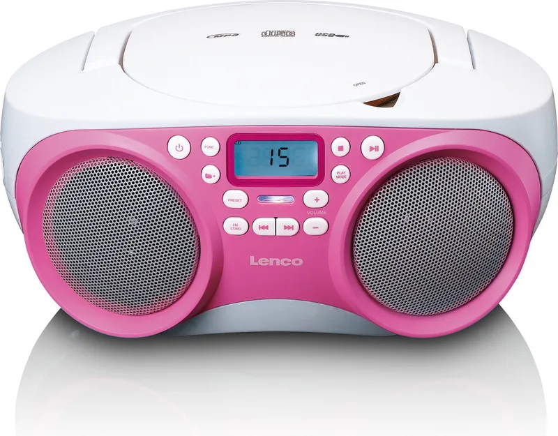 SCD-301PK - Draagbare cd speler met FM Radio, USB en MP3 - Werkt op Lichtnet & Batterijen by Lenco in Wit-Roze – product photo