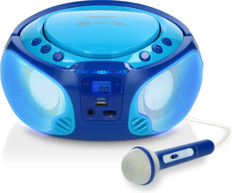 SCD-650BU - Draagbare cd speler en kinderradio met karaokemicrofoon, USB, FM-radio en disco lichteffecten van Lenco in Blauw – productfoto