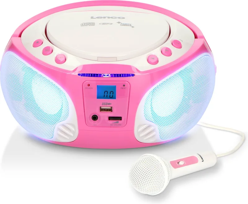 SCD-650PK - Draagbare radio CD speler met karaokemicrofoon en LED van Lenco in Roze – productfoto