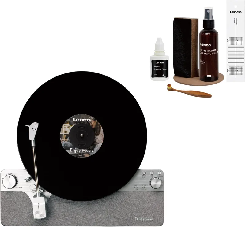 Verticale Platenspeler Bundel - LSA-071SI + TTA-6IN1 - Platenspeler met Bluetooth - 6-delige LP Schoonmaakset van Lenco in Zilver + Cleaning Kit – productfoto