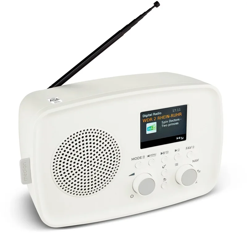 DAB+ radio met Bluetooth DRE-1 (DAB Plus, FM-radio, druppelbescherming, telescoopantenne, wekker, sluimerfunctie, instelbare display-dimmer, ASA-noodwaarschuwingssysteem) by Medion in White – product photo