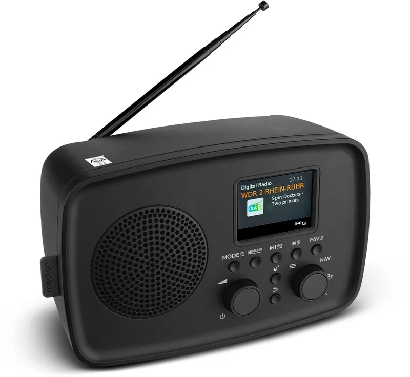 DAB+ radio met Bluetooth DRE-1 (DAB Plus, FM-radio, druppelbescherming, telescoopantenne, wekker, sluimerfunctie, instelbare display-dimmer, ASA-noodwaarschuwingssysteem) by Medion in Black – product photo