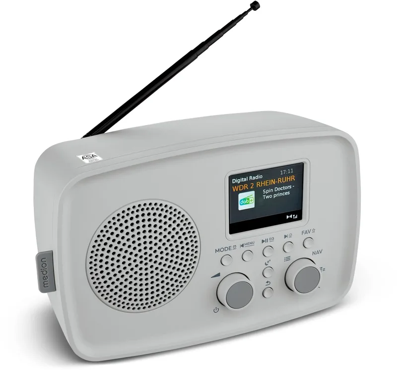 DAB+ radio met Bluetooth DRE-1 (DAB Plus, FM-radio, druppelbescherming, telescoopantenne, wekker, sluimerfunctie, instelbare display-dimmer, ASA-noodwaarschuwingssysteem) by Medion in Grey – product photo
