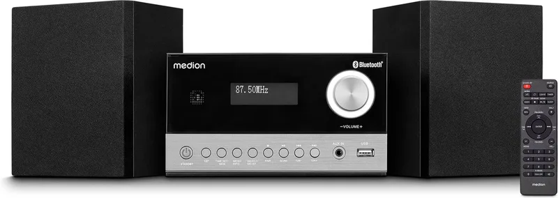 E64088 Micro Audio Systeem Compact Systeem (DAB+, CD speler. PLL FM-radio, Bluetooth, USB-aansluiting, sleeptimer, MP3, LCD-scherm met 12/24-uurs weergave) van Medion in Titanium – productfoto