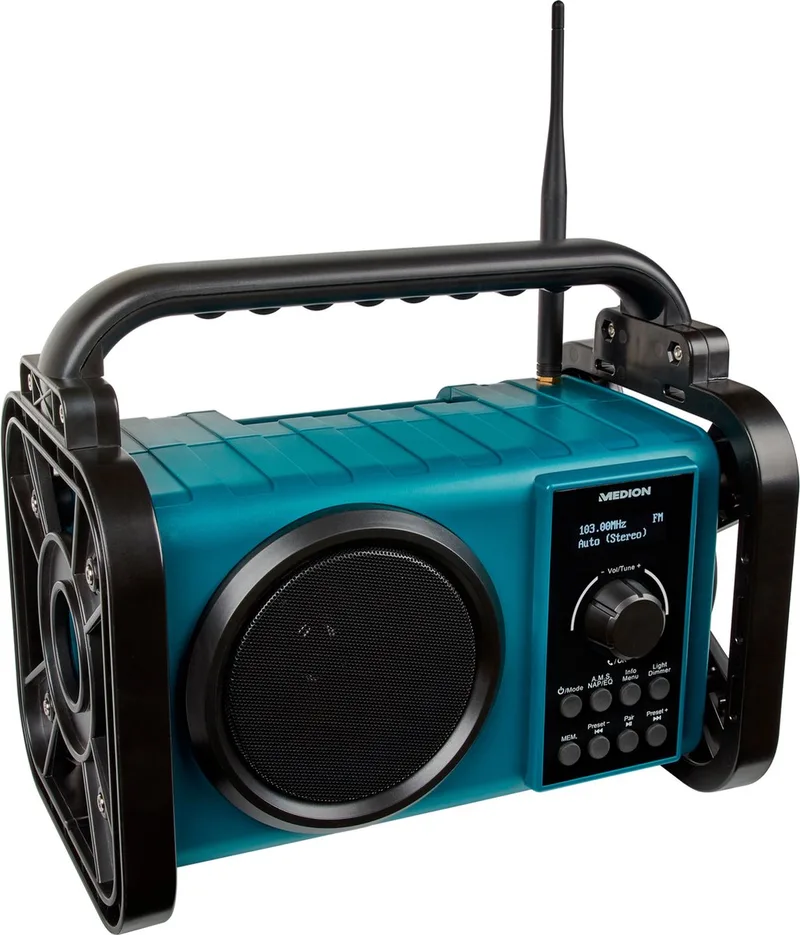 E66877 DAB+ bouwplaatsradio (robuuste behuizing, spatwaterdicht (IP44), Bluetooth 5.0, PLL FM-radio, LED-werklamp, batterij- en netvoeding) van Medion in Blauw – productfoto