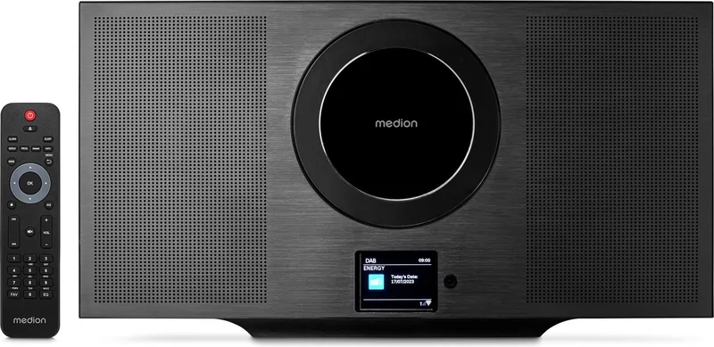 P66348 Stereo systeem met CD speler (Internet radio, DAB+, Spotify Connect, mini compact system vertical, PLL FM radio, MP3, USB, Bluetooth, WLAN) van Medion in Titanium – productfoto